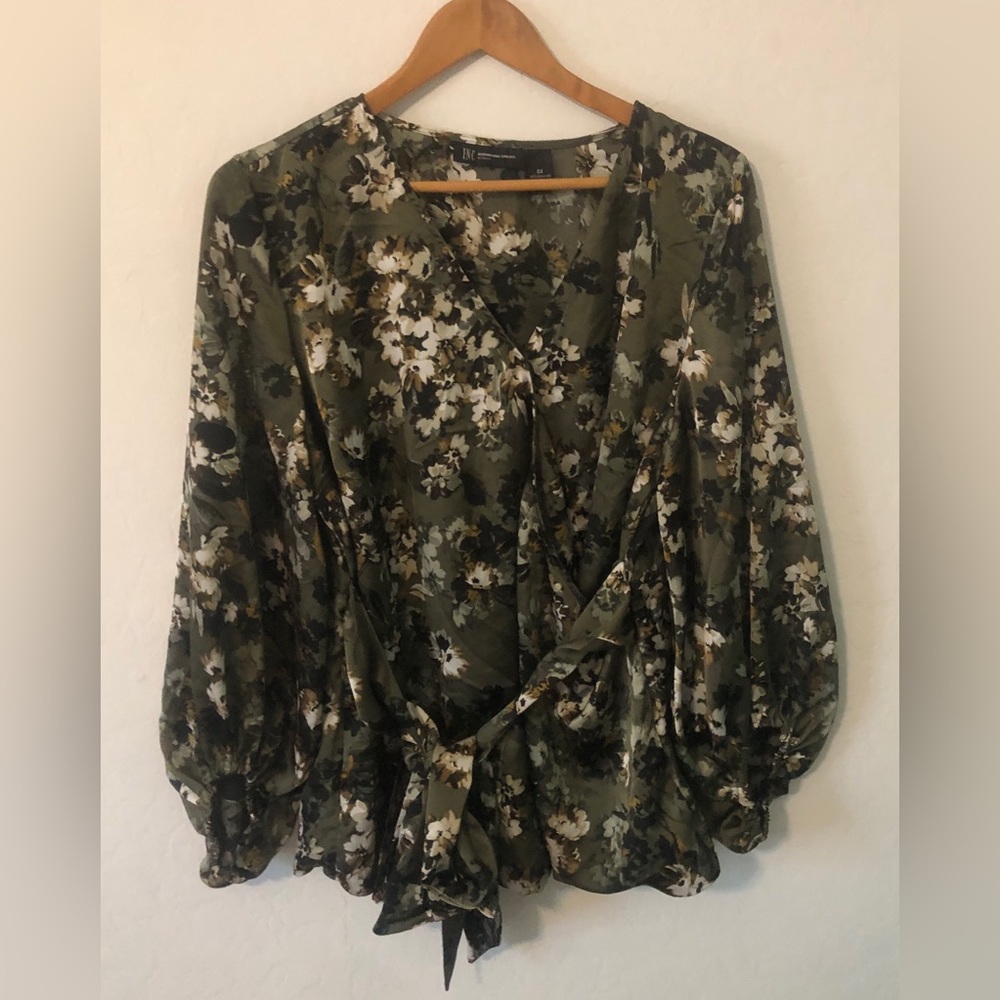 INC International Concepts Floral Wrap Blouse - Olive and Cream